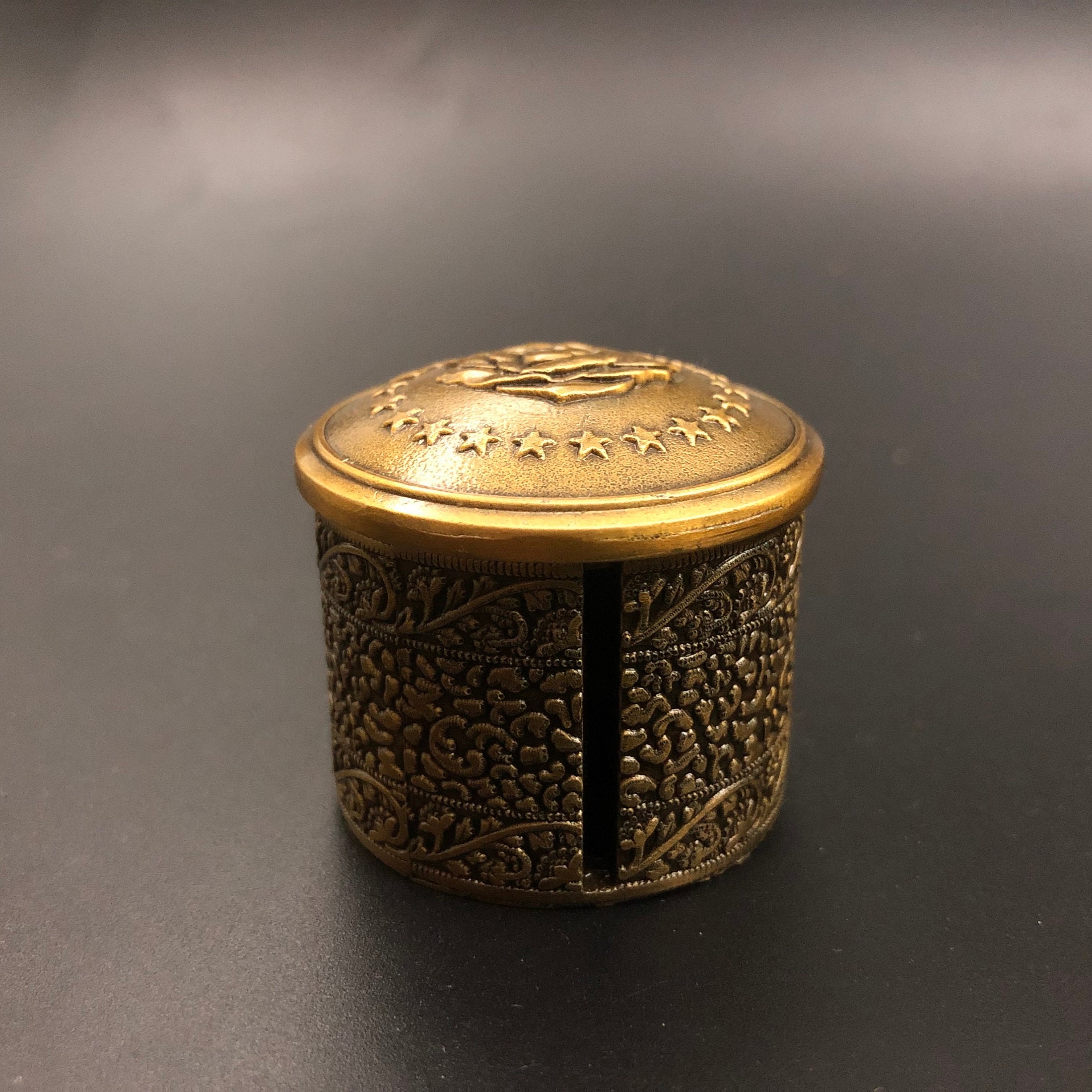 Old Crest USA Decorative Brass Metal Letter Stamp Dispenser, or Roll Stamp  Holder Dispenser. Lid and Jar Holder 