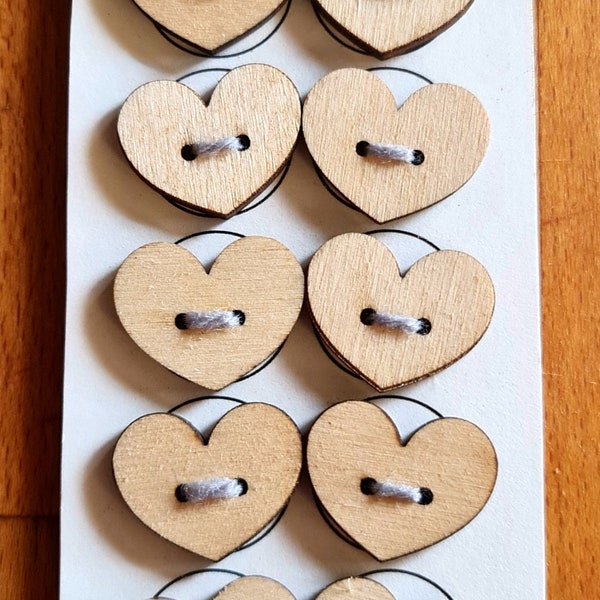 Heart shaped wooden buttons, laser cut, two hole, 20mm, pack of 10, fastening, knitting, crochet, scrapbooking, sewing, craft embellishment