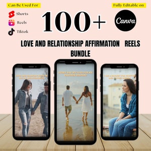 愛と関係を肯定する100のInstagramリール動画、TikTok、Youtubeショート、Canva編集可能テンプレートのためのインスピレーションビデオバンドル