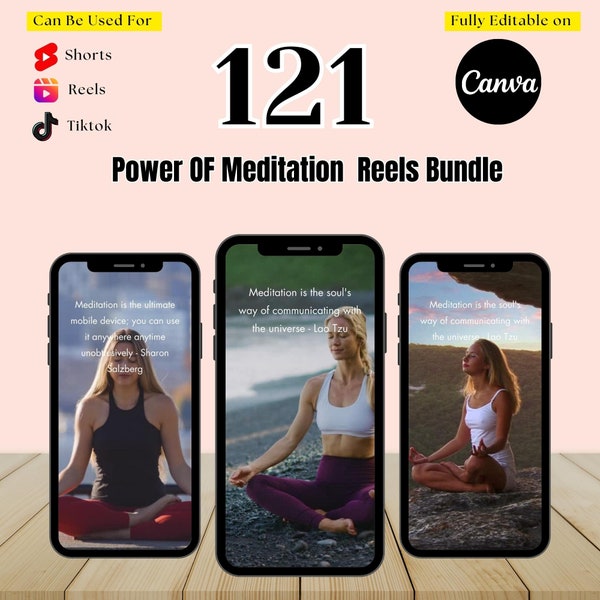 121 Meditation Quotes Video Reels Bundle, YouTube Shorts, Instagram Story, Tiktok, Canva Editable Template, Self Love Quote Pack