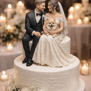 Puede incluir: Adorno para tarta de boda con una figura de novios y un perro pequeño. La novia lleva un vestido de encaje y velo. La tarta blanca está decorada con flores.