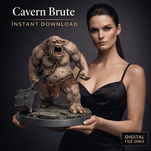 Puede incluir: Escultura digital detallada de una criatura monstruosa, el "Cavern Brute", con un garrote con púas y un collar de cadena. La figura está sobre una base de piedra. El texto dice "Cavern Brute" y "Descarga instantánea". También se ve el texto "SOLO ARCHIVO DIGITAL".