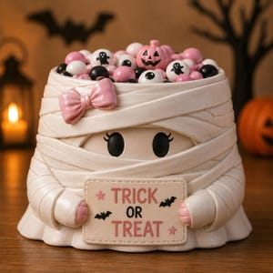 May include: A white mummy-shaped bowl with a pink bow, holding a rectangular sign that reads "TRICK OR TREAT" with star and bat icons. The bowl is filled with assorted round candies featuring ghost, eyeball, and pink pumpkin designs.