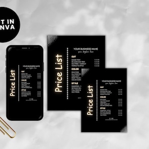 Modelo de Lista de Preços para Salão de Cabeleireiro | Planilha de Preços Editável do Canva para Serviços de Cabelo, Unhas e Maquiagem | Guia de Preços para Negócios em Preto para Imprimir