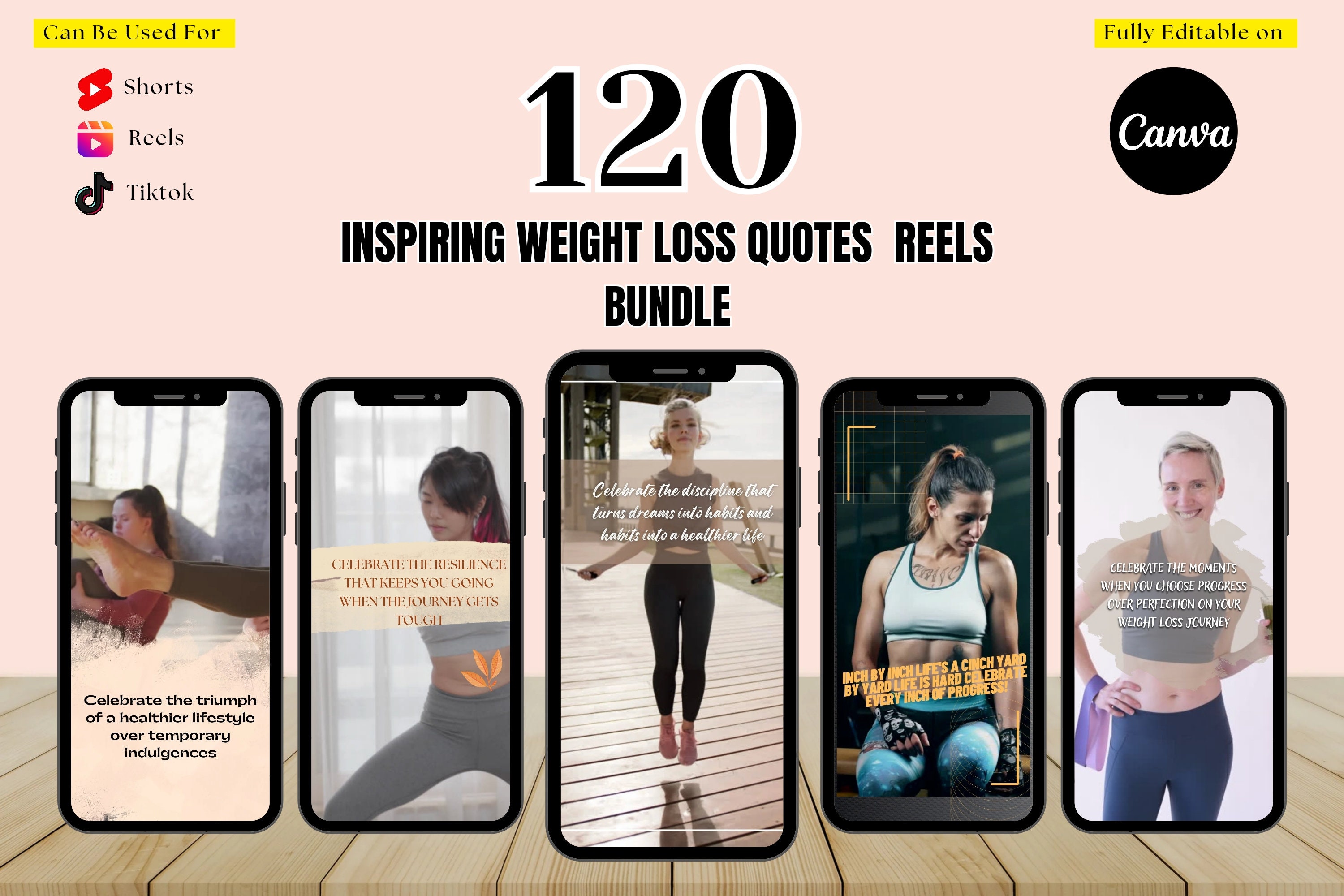 Weight Loss Affirmation Video Bundle Motivational Fitness Reels,Editable Canva Template For Instagram, Tiktok, YouTube Shorts, Viral Content
