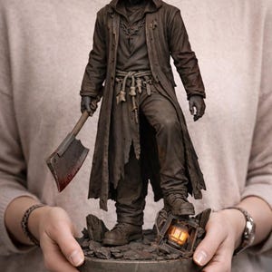 May include: A detailed figurine of a hooded figure in a long coat, holding a bloody cleaver. The figure stands on a rocky base with a lantern. The statue is dark brown with intricate details, and the base is approximately 6 inches in diameter.