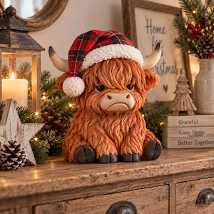 May include: A figurine of a shaggy, ginger-colored Highland cow with curved horns, wearing a red and black plaid Santa hat with a white pom-pom and a white faux-fur trim. The cow has a textured, long-haired coat and dark, rounded hooves.