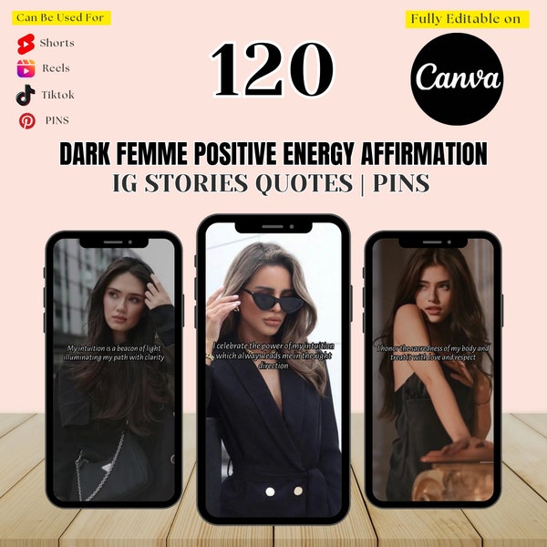 120 Dark Femme Positive Energy Affirmation Quotes Bundle Instagram story, Pinterest pins, Canva Editable Templates,Viral IG Stories,LadyBoss