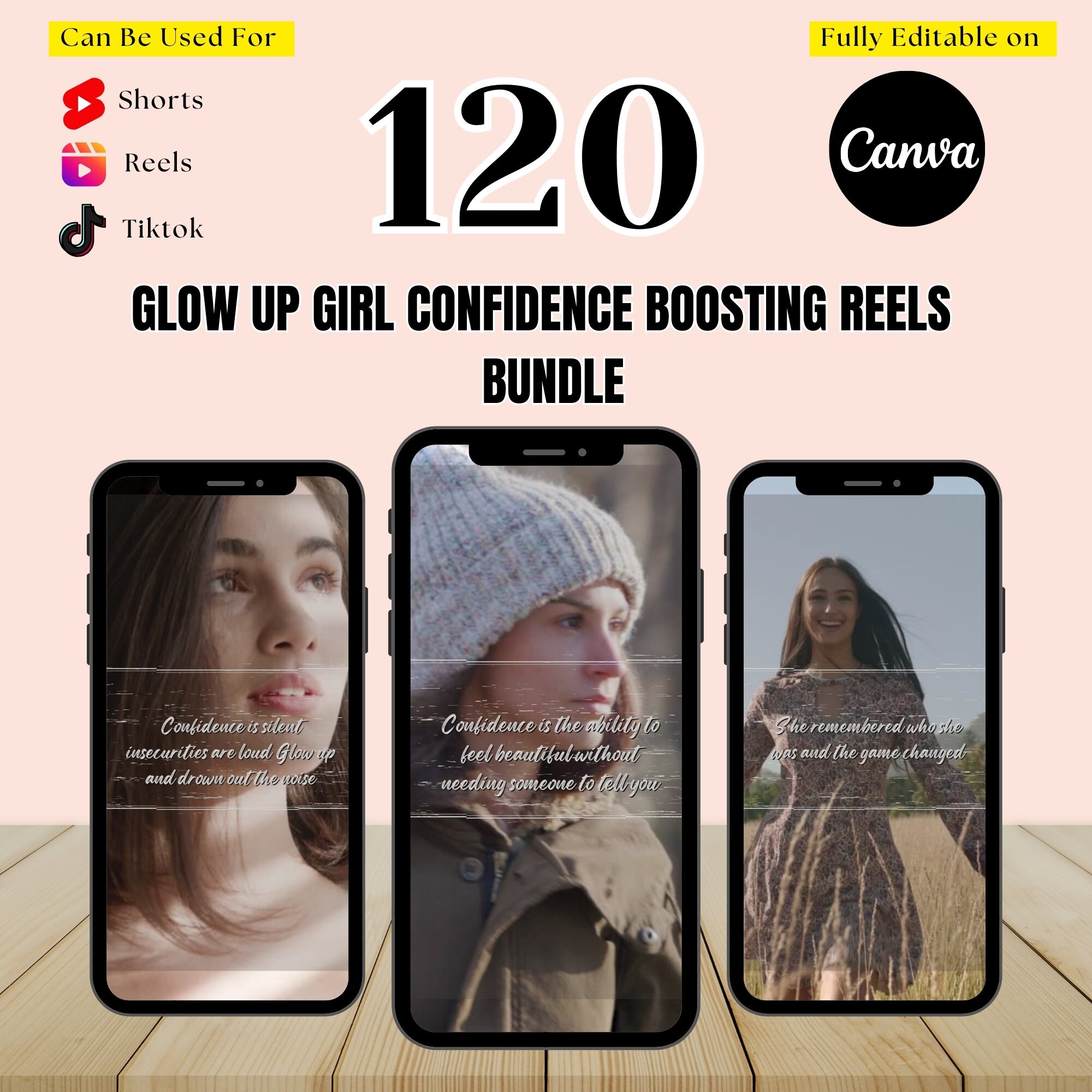 Glow Up Girl Confidence Boosting Video Reels Bundle | Empowering Women Quotes for Instagram Story, YouTube Shorts, TikTok | Canva Templates