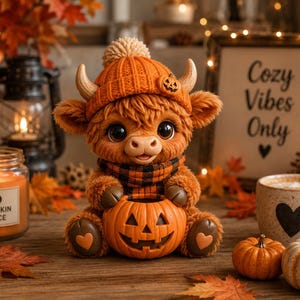 May include: A plush highland cow figurine wearing an orange knit hat with a pom-pom and a small pumpkin accent, and a black and orange plaid scarf. The cow holds a carved orange jack-o'-lantern pumpkin in its lap and has heart-shaped paw pads.
