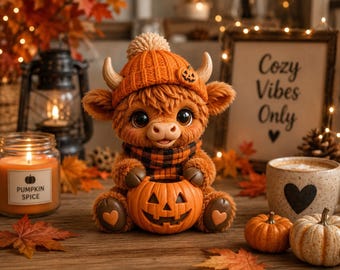 May include: A plush highland cow figurine wearing an orange knit hat with a pom-pom and a small pumpkin accent, and a black and orange plaid scarf. The cow holds a carved orange jack-o'-lantern pumpkin in its lap and has heart-shaped paw pads.