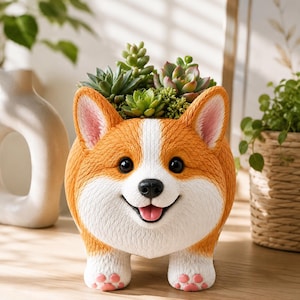 May include: A Corgi-shaped planter featuring a textured orange and white coat, upright ears, and a smiling face with a black nose and pink tongue. The planter holds a variety of green succulents, and the dog's paws are detailed with small pink pads.
