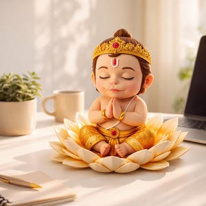 Puede incluir: Una serena figura de una figura sentada con los ojos cerrados, las manos en oración y una corona dorada. La figura está adornada con ropa dorada y se sienta sobre una flor de loto. Un artículo decorativo.