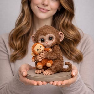 Könnte beinhalten: Eine braune Affenfigur, die ein kleineres orangefarbenes Affen-Plüschtier hält. Die Affenfigur hat große, ausdrucksstarke Augen und steht auf einem runden, grauen Sockel. Das Thema ist ein niedliches, tierisches Sammlerstück.