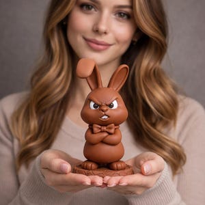 Puede incluir: Una figura de conejo marrón de estilo caricatura con expresión de enfado, pajarita y brazos cruzados. El conejo está sobre una pequeña base texturizada. La figura está sostenida en las manos de una persona.