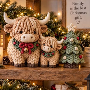 Op de afbeelding: Twee beige gehaakte Schotse Hooglander-figuren met witte hoorns en donkerbruine hoeven, elk met een groene krans met een rode strik en een klein gouden belletje, naast een groene gehaakte kerstboom met witte en rode accenten.