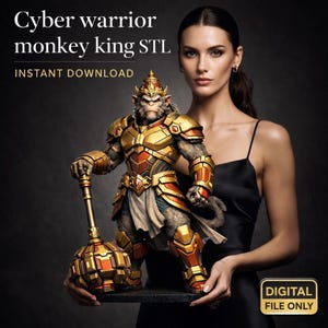 May include: A detailed digital rendering of a Cyber Warrior Monkey King STL file. The figure is clad in gold and red armor, holding a staff and a mace. The image includes the text "Cyber warrior monkey king STL" and "Instant Download".