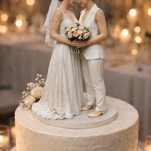 May include: A wedding cake topper featuring two brides in a tender embrace. One bride wears a white wedding dress and veil, the other a white suit. They hold a bouquet of pink and white flowers. The cake is multi-tiered.