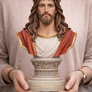 Puede incluir: Busto detallado de una figura religiosa con cabello castaño largo, barba y corona de espinas. La figura lleva una túnica roja y blanca con ribetes dorados, montada sobre una base de columna decorativa. El busto es sostenido por una persona.