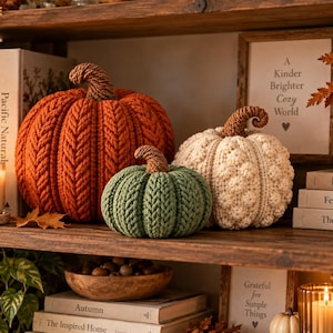 May include: Three decorative pumpkins crafted from yarn, featuring a large orange pumpkin with a braided texture, a smaller sage green pumpkin with a similar braided pattern, and a cream-coloured pumpkin with a textured bobble stitch design.