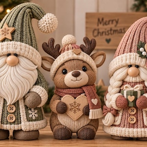 Puede incluir: Tres figuras decorativas que incluyen un gnomo verde con una estrella, un reno marrón sosteniendo un corazón y un gnomo rosa con trenzas sosteniendo un regalo. Cada figura lleva un gorro de punto texturizado con pompón sobre un fondo festivo.