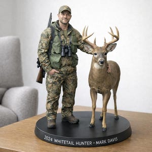 Op de afbeelding: Gedetailleerde sculptuur van een jager in camouflagekleding met een geweer en een verrekijker, naast een hert. De sculptuur staat op een zwarte, cirkelvormige basis met de tekst "2024 WHITETAIL HUNTER - MARK DAVIS".