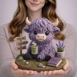 Op de afbeelding: Een grillige sculptuur van een paarse Schotse Hooglander met een mok met "Good Vibes Only". Het staat op een grasachtige basis met een bord met "Dream, Create, Repeat". Een klein boek zegt "Small Steps Big Journey."