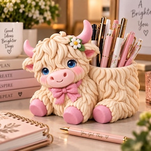 May include: A cream-colored Highland cow-shaped desk organizer with pink horns, hooves, and a bow. The figure features large blue eyes, a small white flower on its head, and a cylindrical compartment holding various pens. A pink pen with the text "You Got This" lies in the foreground.