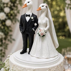 May include: A wedding cake topper featuring two anthropomorphic geese dressed in formal attire. The goose on the left wears a black tuxedo with a bow tie, while the goose on the right wears a white lace gown, a veil, and holds a floral bouquet.