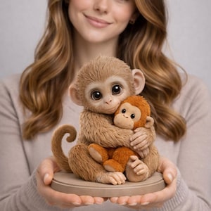 May include: A detailed sculpture of two monkeys, one hugging the other. The larger monkey is light brown with big eyes, and the smaller one is a darker shade of brown. They sit on a round, light brown base.