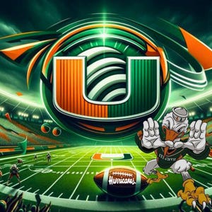 Puede incluir: Ilustración digital de un campo de fútbol con el logotipo y la mascota de los Miami Hurricanes. El logotipo presenta una "U" estilizada en naranja y verde. La mascota es un pato con un uniforme de fútbol. Un balón de fútbol con la palabra "Hurricanes" está en el campo.