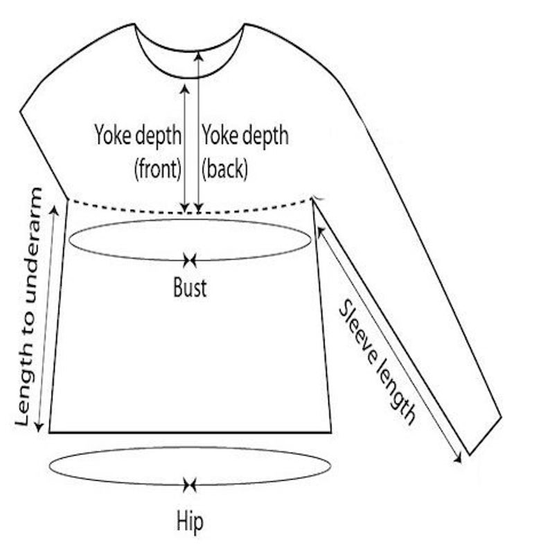 Puede incluir: Dibujo de l&iacute;nea de una camisa con medidas para el busto, la cadera, la profundidad del canes&uacute;, la longitud de la manga y la longitud hasta la axila.