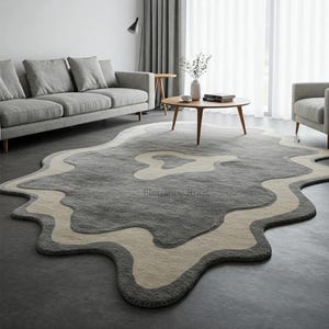 Modern Handtufted Wool Rug, Grey Grey & Cream Irregular Blob Shape Abstract Area Rugs