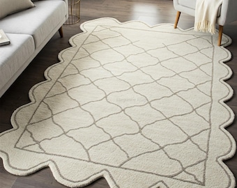 Scalloped Hand Tufted Wool Rug, Modern Geometric Area Rug, Bedroom Carpet