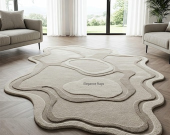 Organischer, moderner Teppich, handgetufteter Wollteppich mit 3D-Muster, minimalistisches Japandi-Dekor, unregelmäßiger beigefarbener topografischer Teppich, Bodenkunst