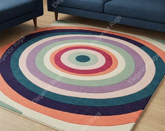 Retro Circle Hand Tufted Wool Rug, Modern Multicolor Geometric Area Rug For Living Room