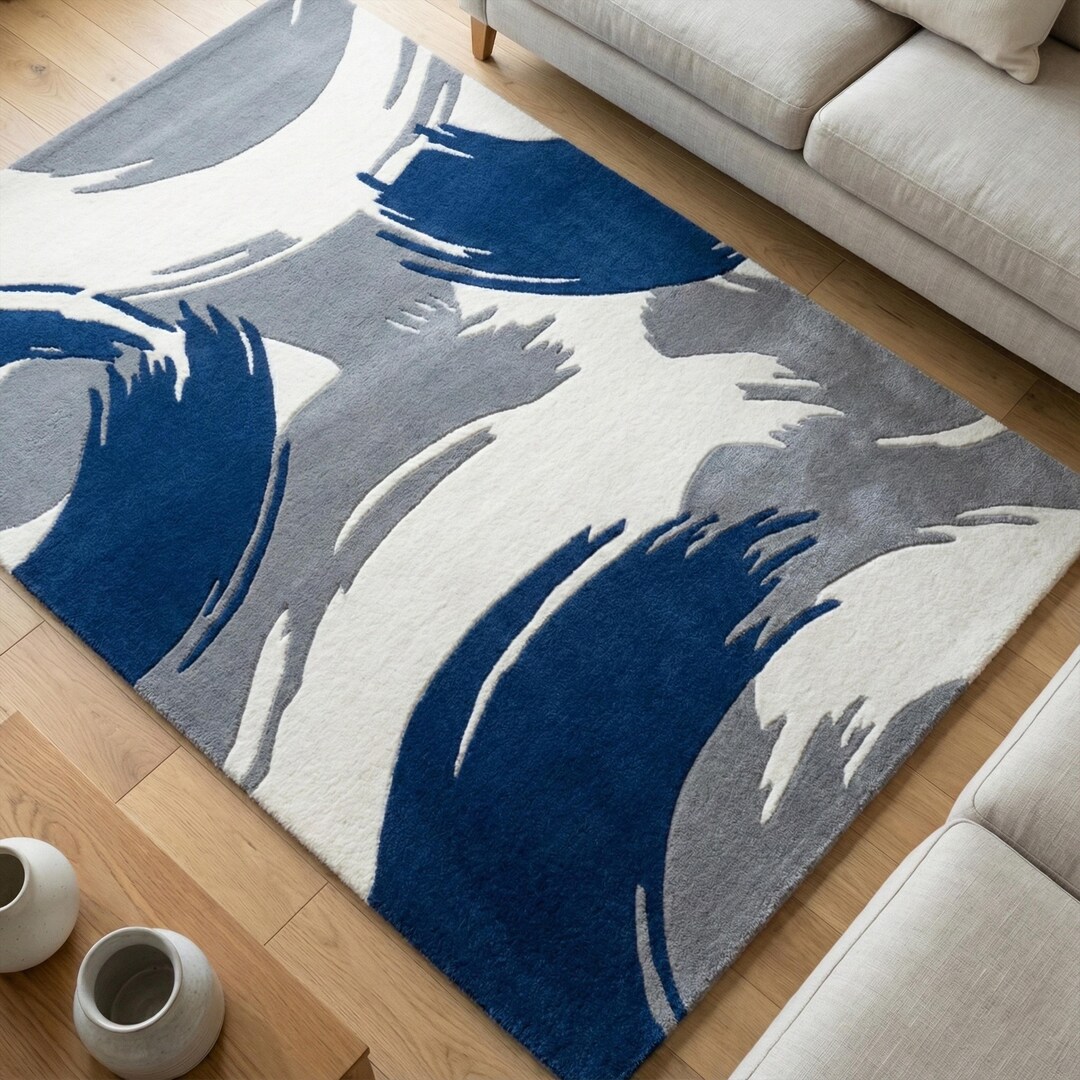 Abstract Blue Wool Rug, Hand Tufted Modern Area Rug for Living Room ...