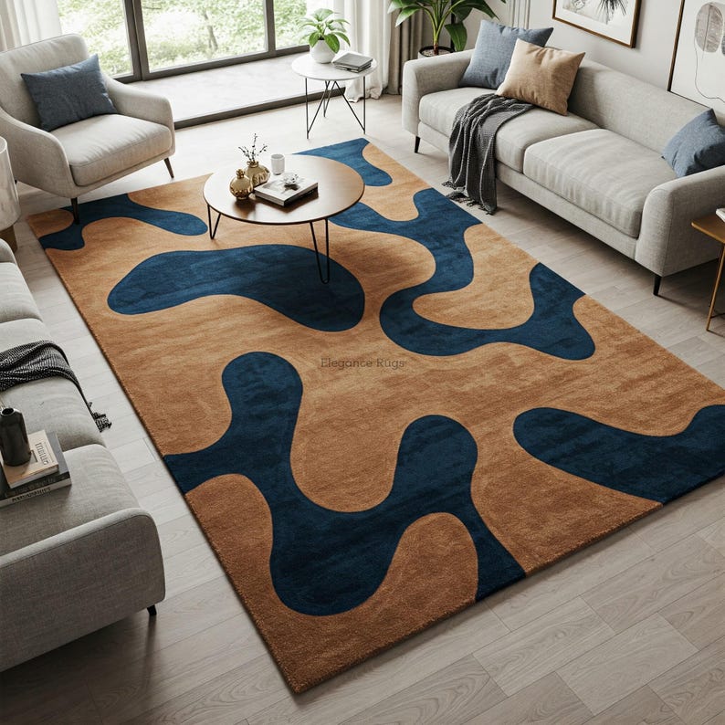 Navy Blue Abstract Hand Tufted Wool Rug, Modern Area Rug for Living ...