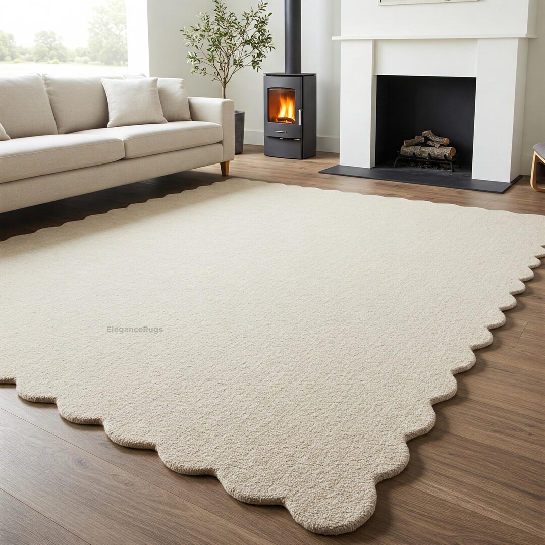 Solid Muted Beige Scalloped Hand Tufted Wool Area Rug, Modern Runner ...