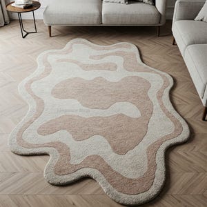 Irregular Muted Beige Hand Tufted Abstract Wool Area Rug for Bedroom, Kids Room Custom Handmade 6x9 8x10 9x12 Indoor Living Room Rugs