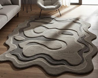 Unregelmäßiger grauer Teppich, handgetufteter Wollteppich, topografischer 3D-Hoch-Tief-Flor, minimalistisches Japandi-Dekor, organisch-modernes Schlafzimmer