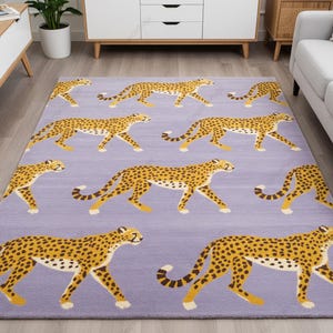 Purple Yellow Cheetah Design Hand Tufted Wool Area Rugs for Bedroom Living Room, Modern Animal Print 8x10 Kids Room Rug, Custom Size Carpets