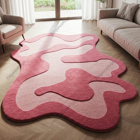 Pink Abstract Hand-tufted Wool Rug, Organic Irregular Area Carpet, Modern Girls Room Decor