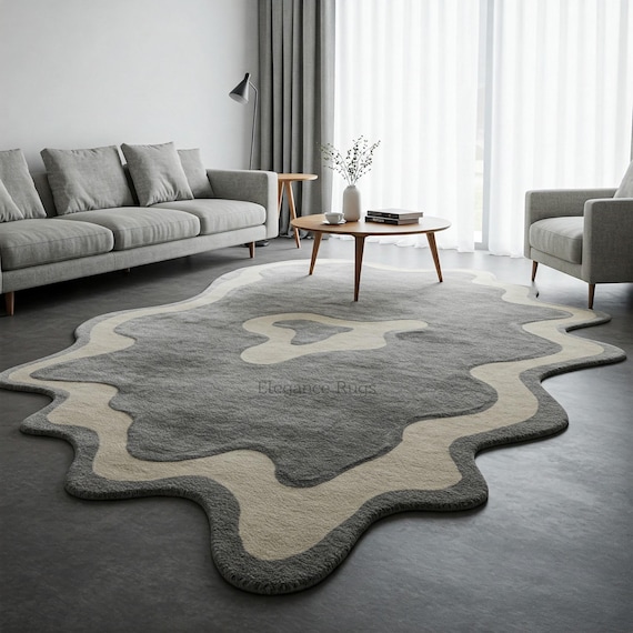 Irregular Shaped Area Rug, Organic Modern Decor, Hand Tufted Wool Carpet, Grey Cream Rug, 3D Carved Topographical Puddle Room Floor Art