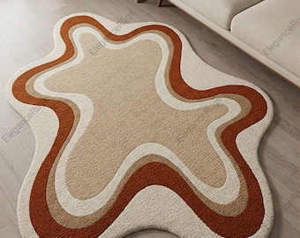 Neutral Abstract Hand Tufted Wool Rug, Irregular Beige Brown Organic Shape Area Carpet for Modern Living Room Bedroom Decor