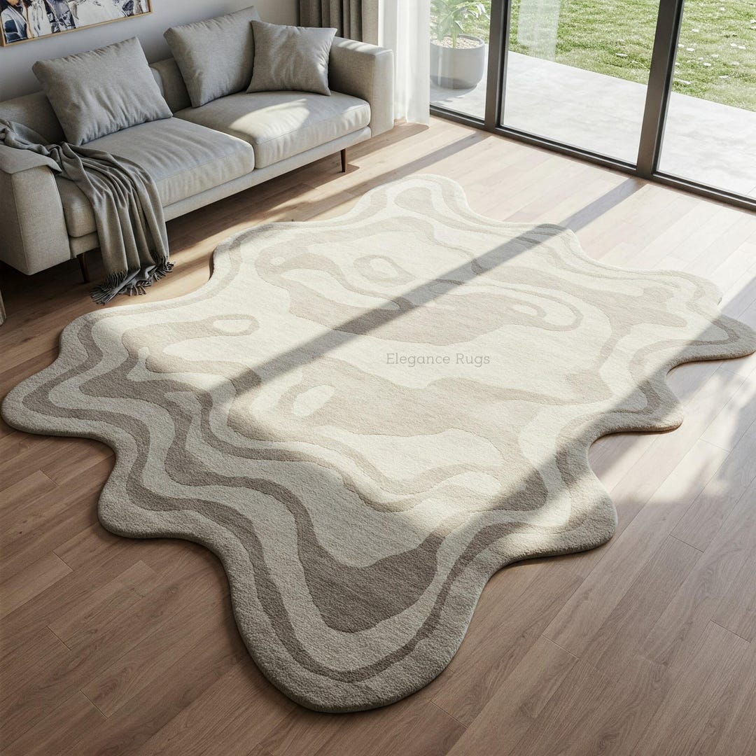 Irregular Grey Cream Abstract Hand Tufted Wool Area Rug for Bedroom ...
