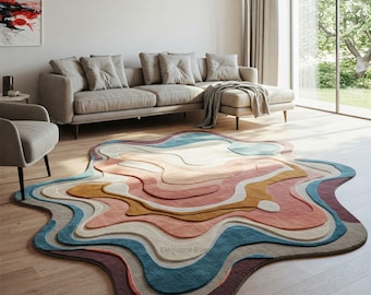 Luxury Multicolor Abstract Wool Rug, Irregular Hand Tufted Modern Area Carpet for Living Room Bedroom, Artistic Custom Rug