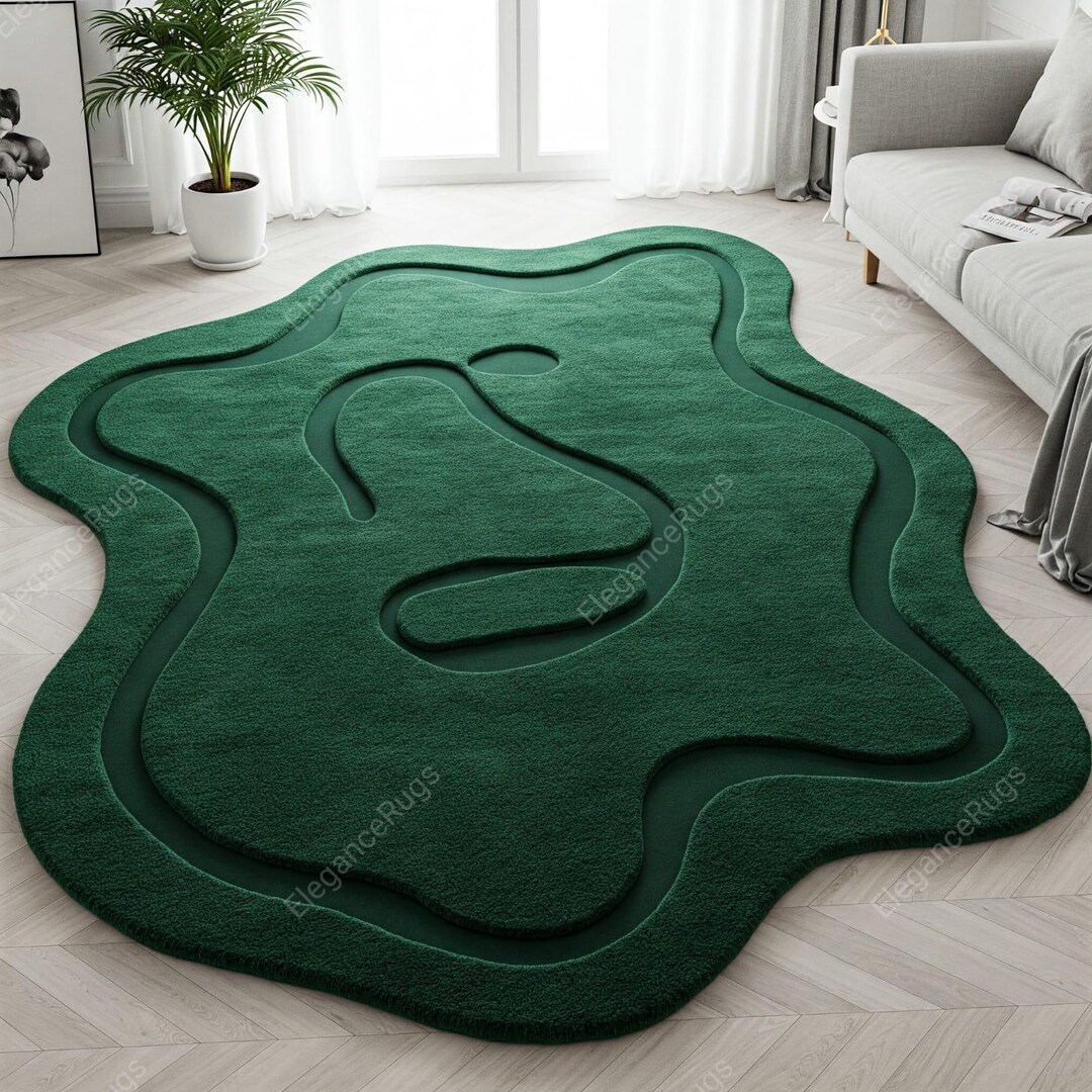 Shpe Rugs Emerald Green Organic Shape Wool Rug, Irregular Hand Tufted Abstract ...