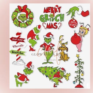 Puede incluir: Una colección de pegatinas con temática navideña que presenta personajes y elementos de la historia de El Grinch. Incluye el Grinch, Cindy Lou Who, Max el perro, árboles de Navidad y el texto "Merry Grinchmas."