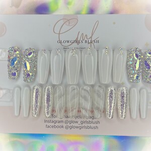 handmade press on nails white sparkle